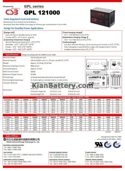 مشخصات باتری 100 آمپر ساعت یو پی اس CSB