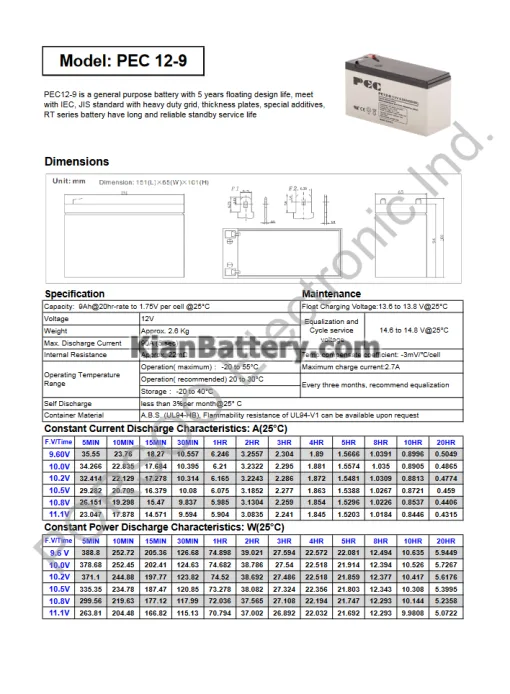 مشخصات باتری 9 آمپر ساعت یو پی اس پرسو