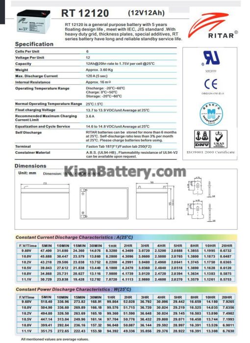 مشخصات باتری 12 آمپر ساعت یو پی اس ریتار